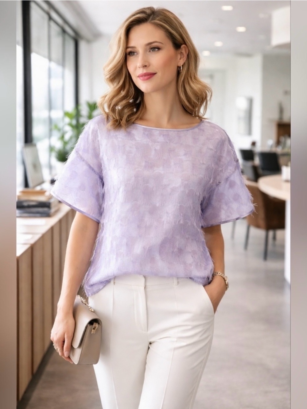 Banana Republic Flutter Sleeve Light Lilac Textured  Women's Top